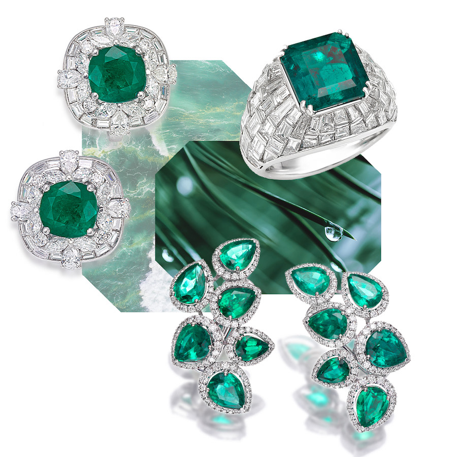 PICCHIOTTI Cushion Cut Emerald Masterpieces earrings, PICCHIOTTI Masterpieces octagonal Emerald and Baguette Diamonds ring, PICCHIOTTI Masterpieces earrings with drop Emeralds and round Diamonds
