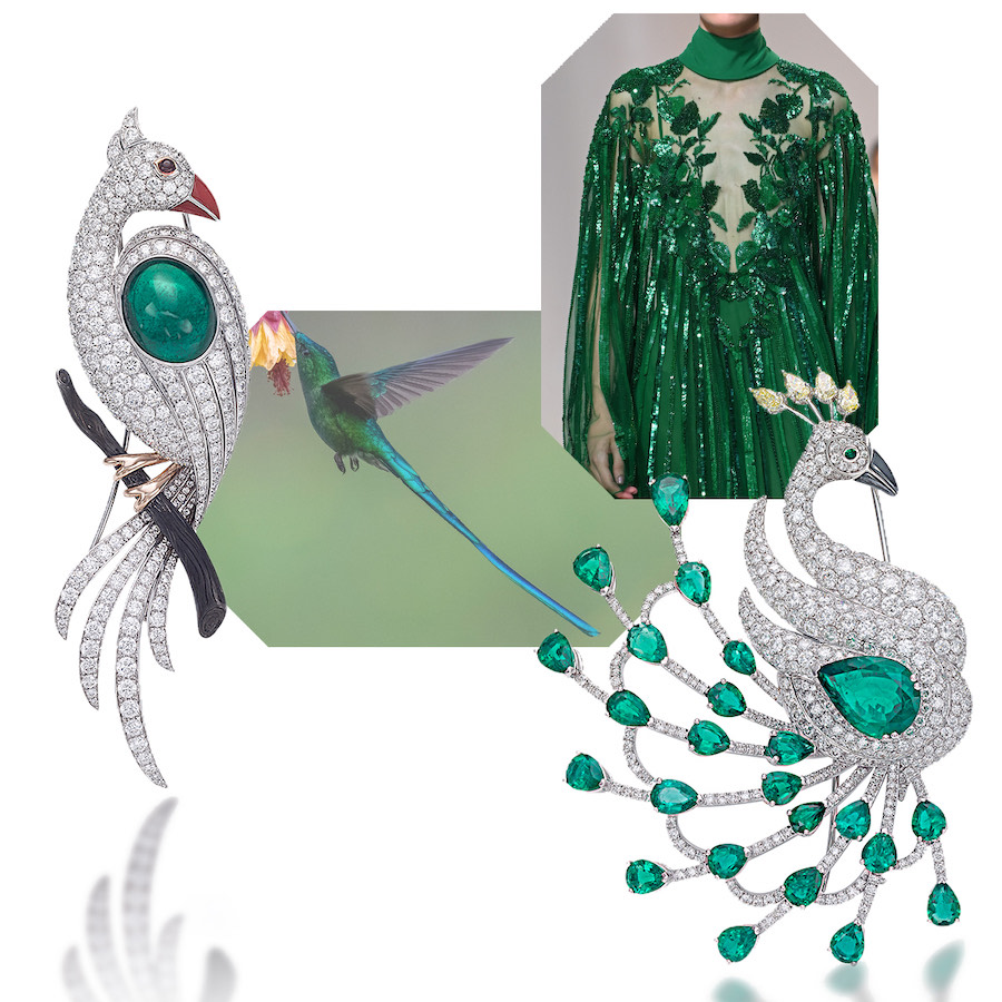 PICCHIOTTI Masterpieces Bird Brooch, Elie Saab F/W 2022-23, PICCHIOTTI Masterpieces Peacock Brooch