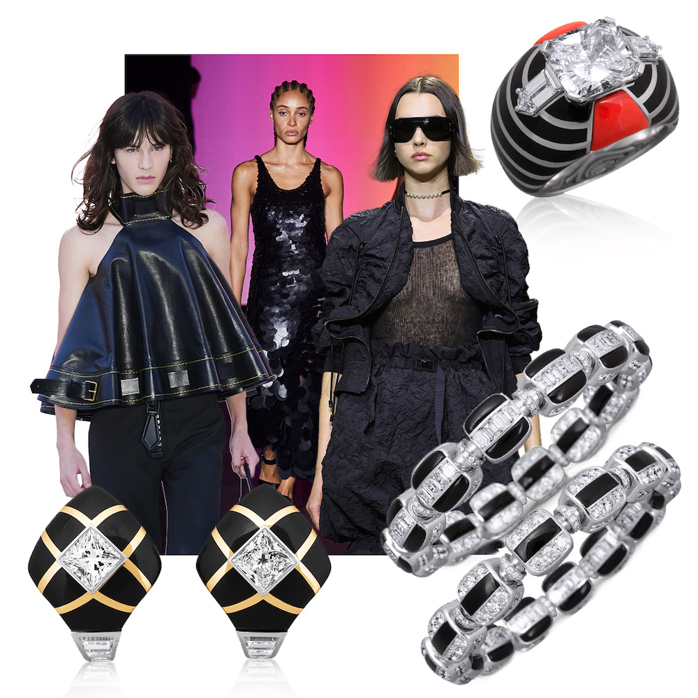 PICCHIOTTI Art Deco Gem Ceramic statement ring, PICCHIOTTI Reversible Xpandbale Onyx and Diamond bracelet, PICCHIOTTI Gem Ceramic button earrings, Louis Vuitton Spring/Summer 2023 (Go Runway), Chloé Spring/Summer 2023 (Go Runway), Christian Dior Spring/Summer 2023 (Go Runway)