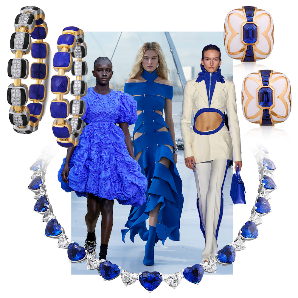 Off-White Spring/Summer 2023 (Go Runway), PICCHIOTTI Gem Ceramic Sapphire button earrings, PICCHIOTTI Sapphire and Diamond Heart Masterpiece necklace, PICCHIOTTI Reversible Xpandable Lapis, Onyx, and Diamond bracelet, Cecilie Bahnsen Spring/Summer 2023 (Go Runway), Alexander McQueen Spring/Summer 2023 (Go Runway)