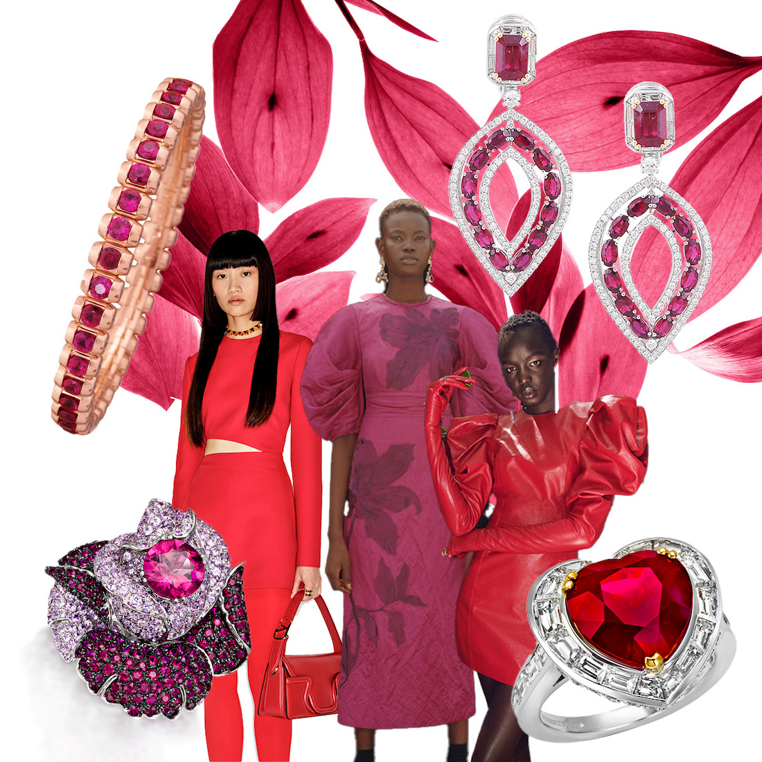 PICCHIOTTI Ruby & Diamond Ellipse earrings, Oscar de la Renta Resort 2023 (Go Runway), PICCHIOTTI Ruby Heart Masterpiece ring, Erdem Resort 2023 (Go Runway), PICCHIOTTI Ruby, Pink Sapphire and Rubellite Rose ring, Valentino Resort 2023 (Go Runway), PICCHIOTTI Xpandable Ruby Bullet bracelet