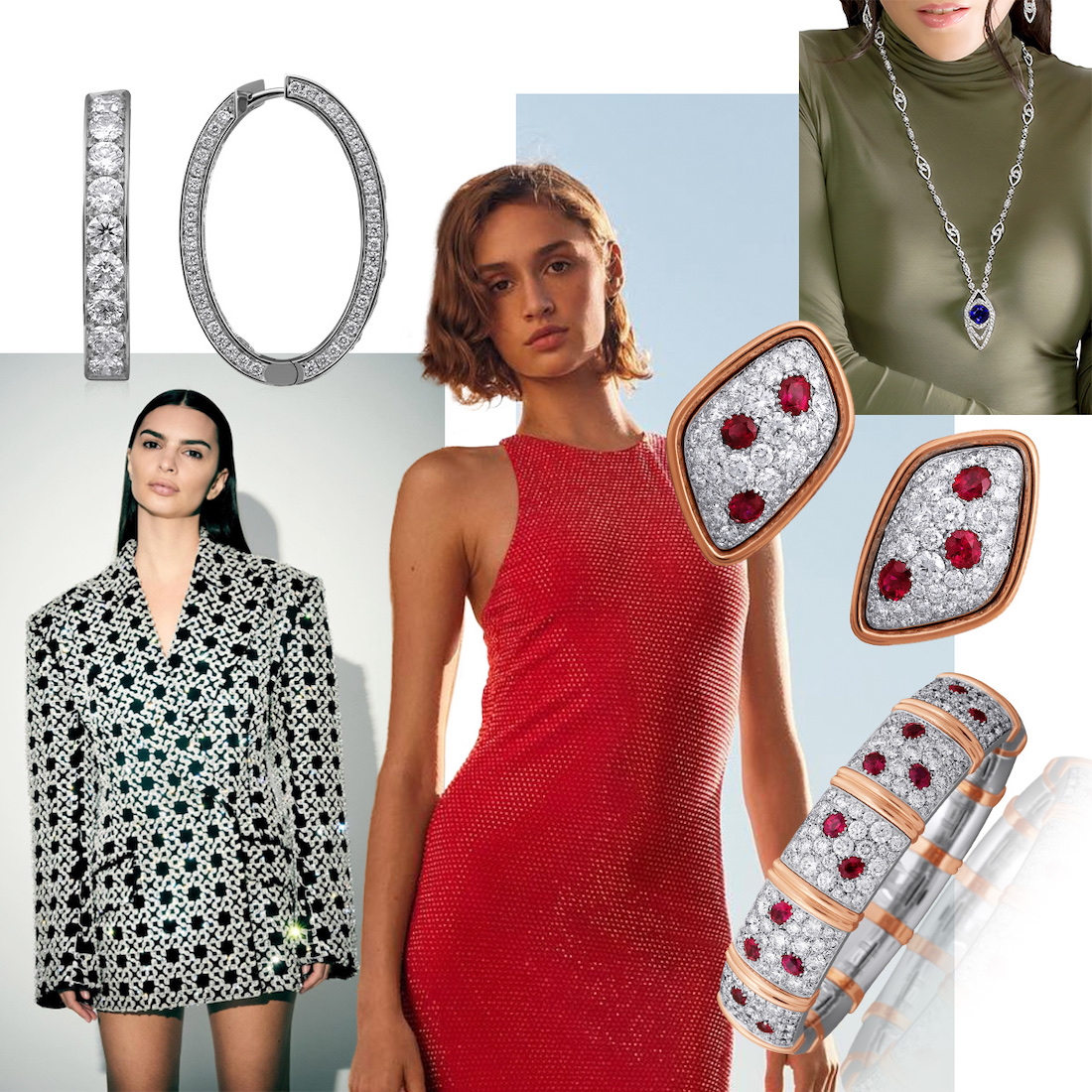 model wearing PICCHIOTTI Essentially Color Tanzanite & Diamond pendant necklace, PICCHIOTTI “Dots” earrings, PICCHIOTTI “Dots” Xpandable bracelet, @ralphlauren, @simkhai, PICCHIOTTI Diamond hoop earrings