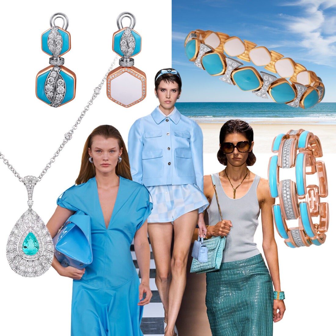 Clockwise from upper left – PICCHIOTTI Reversible Turquoise and White Ceramic earrings, Versace S/S 2-24 (Spotlight Launchmetrics), PICCHIOTTI Reversible Xpandable bracelet, PICCHIOTTI Xpandable Diamond and Turquoise bracelet, Tom Ford (Spotlight Launchmetrics), Ferragamo S/S 2024 (Spotlight Launchmetrics), PICCHIOTTI Paraiba Tourmaline and Diamond pendant necklace