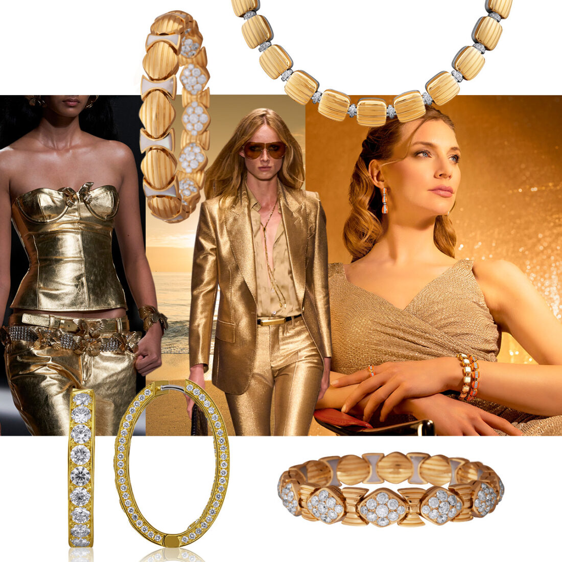 Clockwise from upper left – Blumarine S/S 2024 (Spotlight Launchmetrics), PICCHIOTTI Reversible Xpandable Diamond and Gold bracelet, Tom Ford S/S 2024 (Spotlight Launchmetrics), PICCHIOTTI Reversible Xpandable Gold and Diamond necklace, model wearing PICCHIOTTI Reversible Xpandable jewelry, PICCHIOTTI Reversible Xpandable Diamond and Gold bracelet, PICCHIOTTI Diamond Hoops