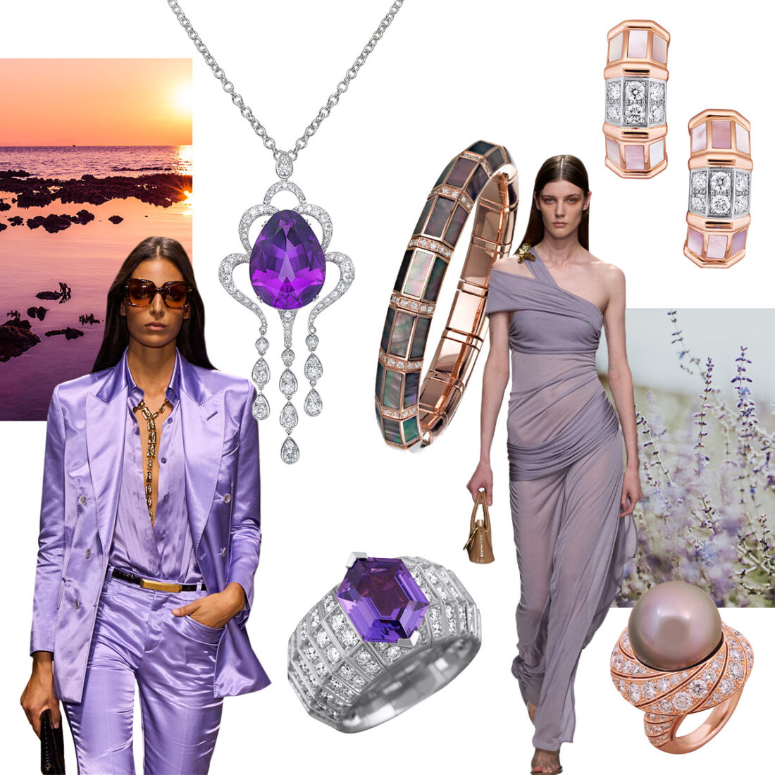 Clockwise from upper left – PICCHIOTTI Essentially Color Amethyst and Diamond pendant necklace, PICCHIOTTI Xpandable 8158 Dark Mother of Pearl bracelet, Blumarine S/S 2024 (Spotlight Launchmetrics), PICCHIOTTI 8158 earrings, PICCHIOTTI Tahitian Pearl and Diamond ring, PICCHIOTTI Hexagonal Amethyst and Diamond Xpandable ring, Tom Ford S/S 2024 (Spotlight Launchmetrics)