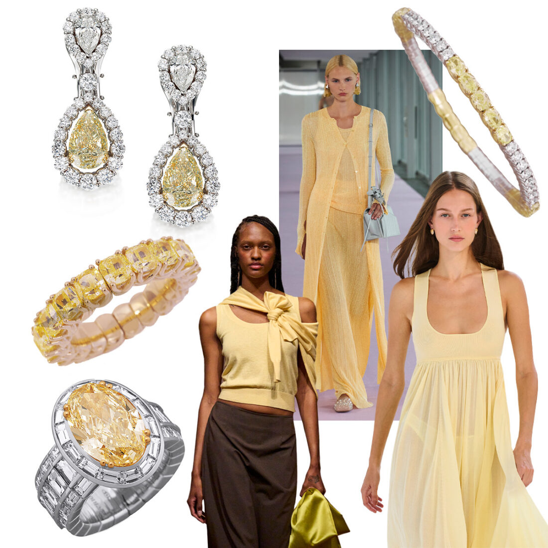 Clockwise from upper left – PICCHIOTTI Masterpieces Diamond earrings, Del Core S/S 2024 (Spotlight Launchmetrics), PICCHIOTTi Xpandable Yellow and White Diamond bracelet, Zimmerman S/S 2024 (Spotlight Launchmetrics), Sandy Liang S/S 2024 (Spotlight Launchmetrics), PICCHIOTTI Xpandable Fancy Yellow Diamond ring, PICCHIOTTI Xpandable Yellow Diamond band
