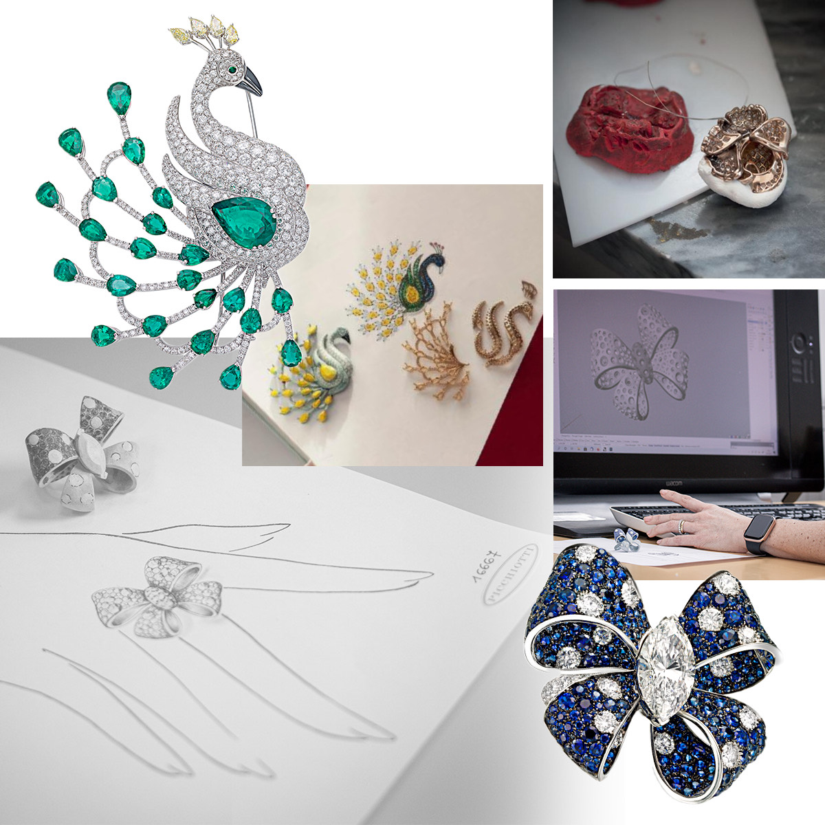 PICCHIOTTI Masterpieces Peacock Brooch, molds and design sketches for peacock brooch, wax mold and rough cast piece, CAD drawing on the computer, PICCHIOTTI Sapphire and Marquise Diamond Fiocco Bow ring, hand drawn design sketch of the Fiocco ring
