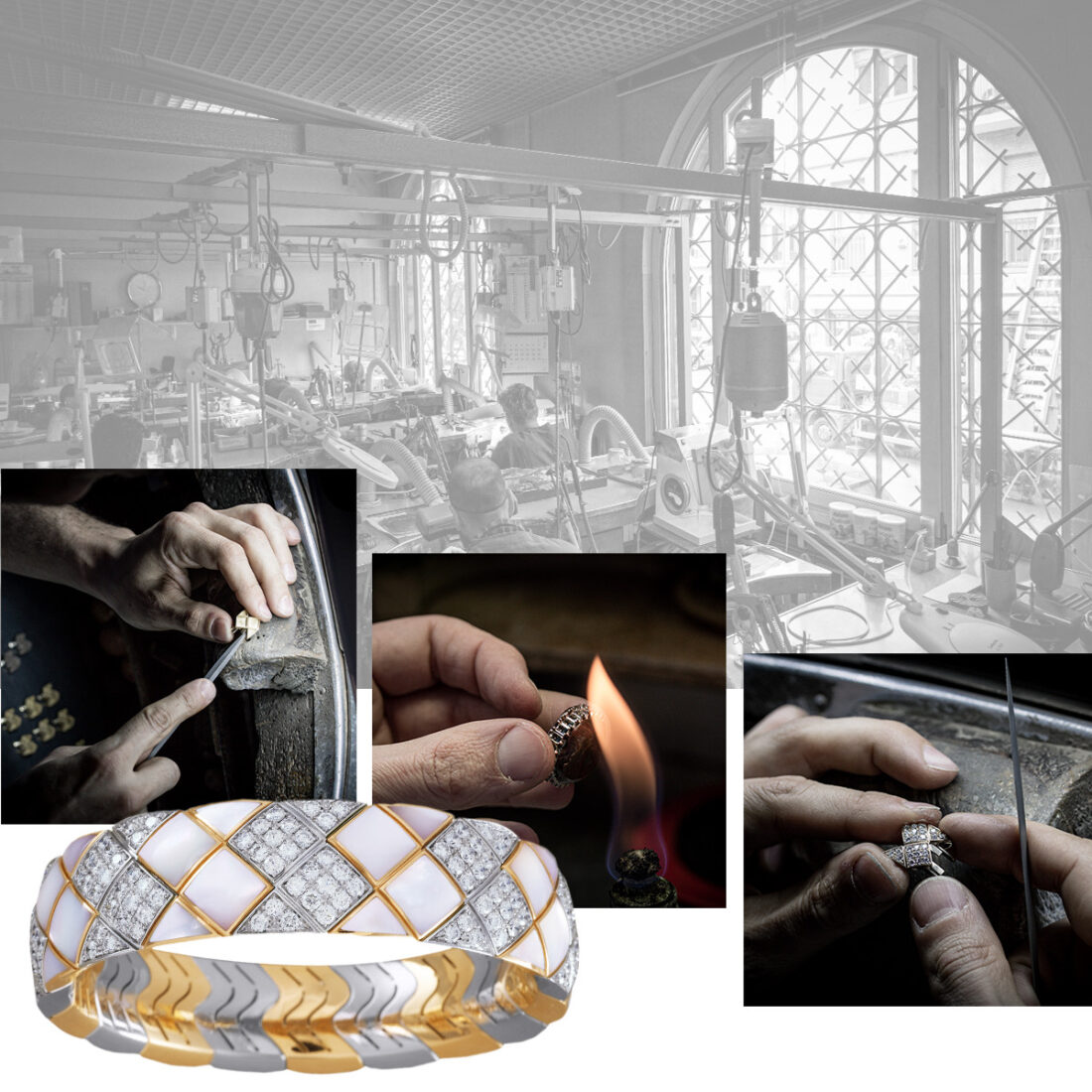 Clockwise from top – PICCHIOTTI atelier Goldsmithing area, goldsmith hand-assembling parts, PICCHIOTTI Xpandable™️ Mother of Pearl and Diamond bracelet, goldsmith filing and perfecting individual parts, flame forging a ring