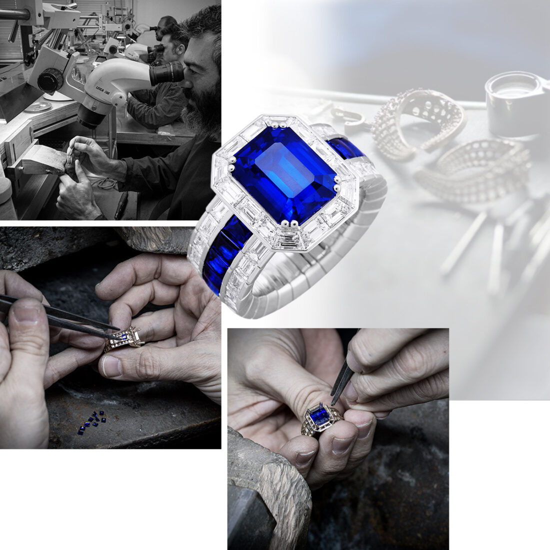 Clockwise from upper left – PICCHIOTTI stone setters working with high powered microscopes, PICCHIOTTI Xpandable Sapphire and Diamond cocktail ring, tools and parts used by stone setters, stone setter building a sapphire ring, stone setter hand-setting gemstones into a PICCHIOTTI ring