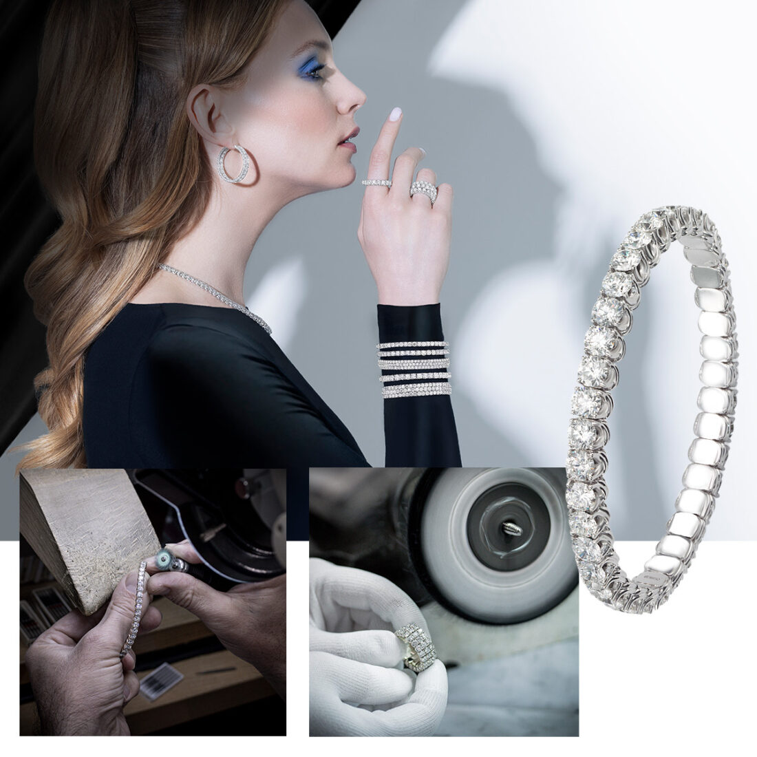 Clockwise from upper left – model wearing PICCHIOTTI diamond designs from the Xpandable collection, PICCHIOTTI Xpandable tennis bracelet, two images of PICCHIOTTI artisans hand polishing copleted diamond designs
