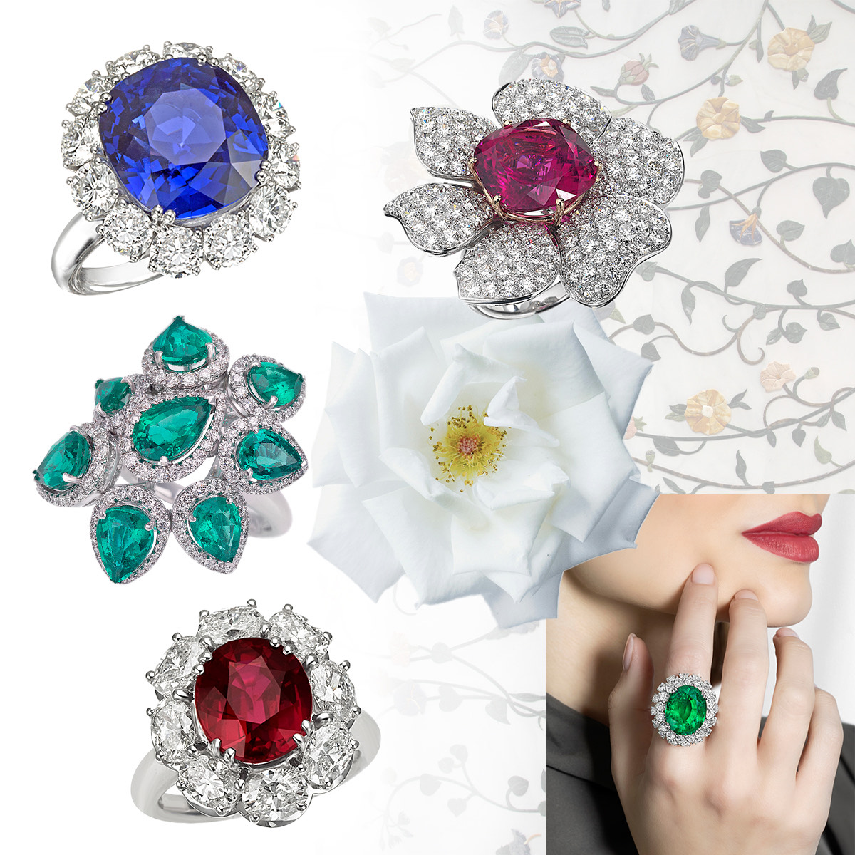 Clockwise from upper left – PICCHIOTTI Masterpieces Sapphire Floral ring, PICCHIOTTI Rose Garden ring in 18K white diamonds and rubellite, model wearing PICCHIOTTI Masterpieces Emerald floral ring, PICCHIOTTI Masterpieces Ruby Floral ring, PICCHIOTTI Masterpieces Emerald Floral ring