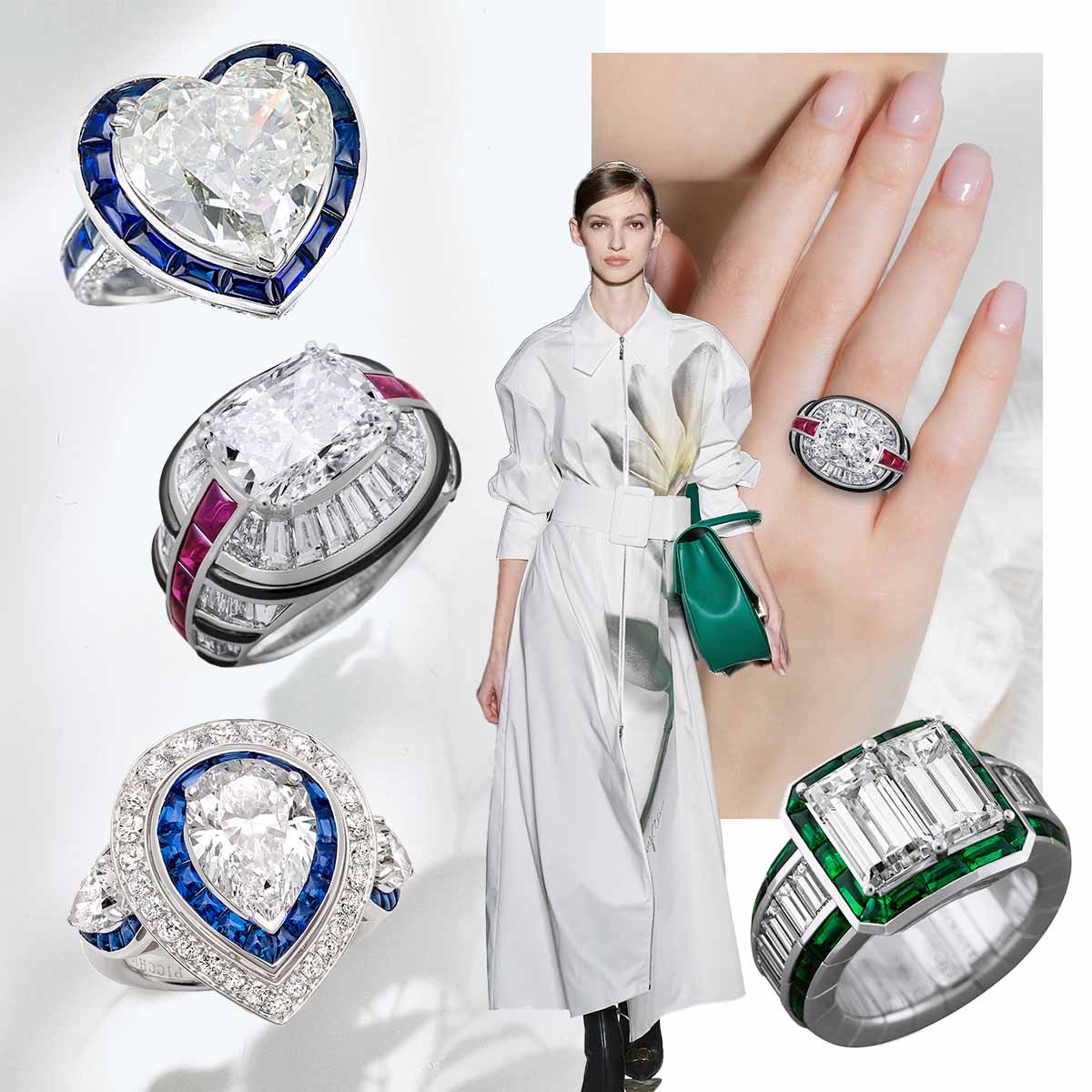 PICCHIOTTI Diamond Heart ring with Buff Top Sapphires, Nexy Fall/Winter 2024-25 (Spotlight Launchmetrics), model wearing PICCHIOTTI Masterpieces Diamond, Ruby, and Onyx ring, PICCHIOTTI Xpandable™️ Diamond and Emerald Cocktail ring, PICCHIOTTI Masterpieces Diamond and Sapphire ring, PICCHIOTTI Masterpieces Diamond, Ruby, and Onyx ring