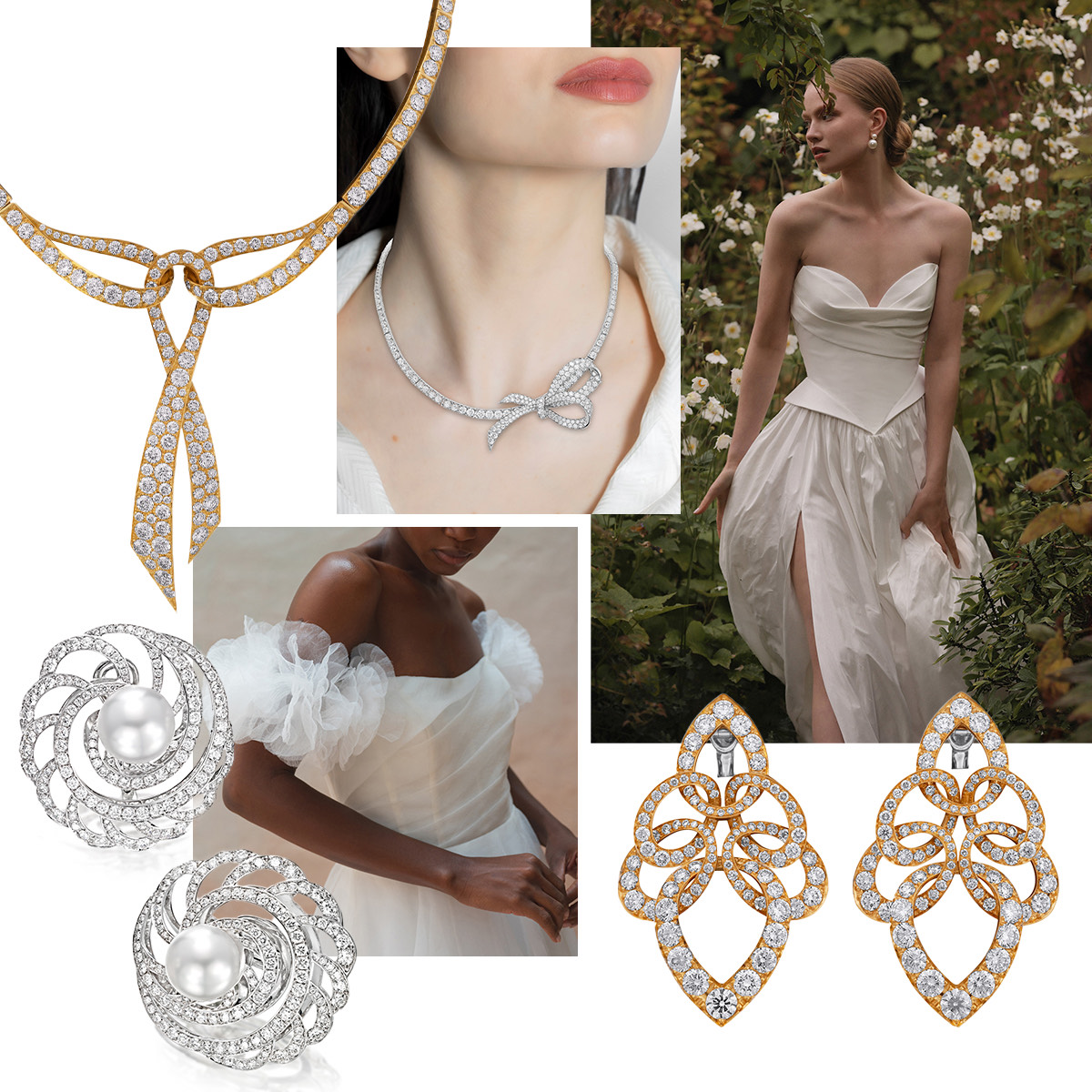 Clockwise from upper left – PICCHIOTTI Fiocco necklace, model wearing PICCHIOTTI Fiocco necklace, Lihi Hod FW 2025 (Spotlight Launchmetrics), PICCHIOTTI earrings, Jenny by Jenny Yoo FW 2025 (Spotlight Launchmetrics), PICCHIOTTI Swirl Pearl earrings