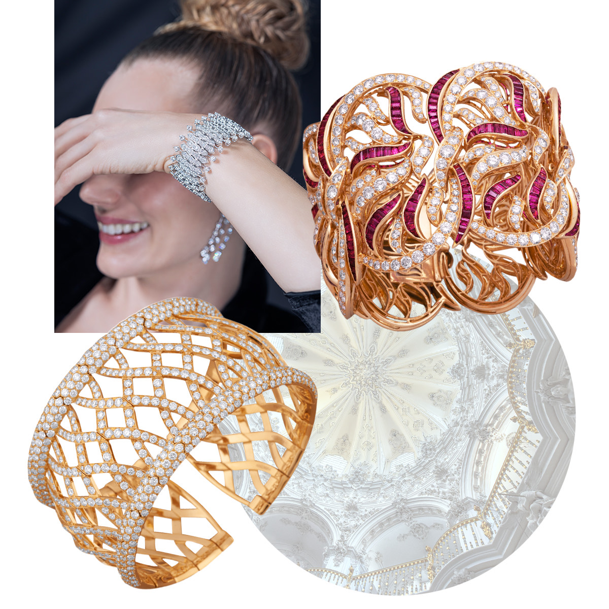 Clockwise from upper left – model wearing PICCHIOTTI Waves diamond bracelet and Waves diamond dangle earrings, PICCHIOTTI Ruby and Diamond Ribbons bracelet, PICCHIOTTI Basket Weave diamond bracelet