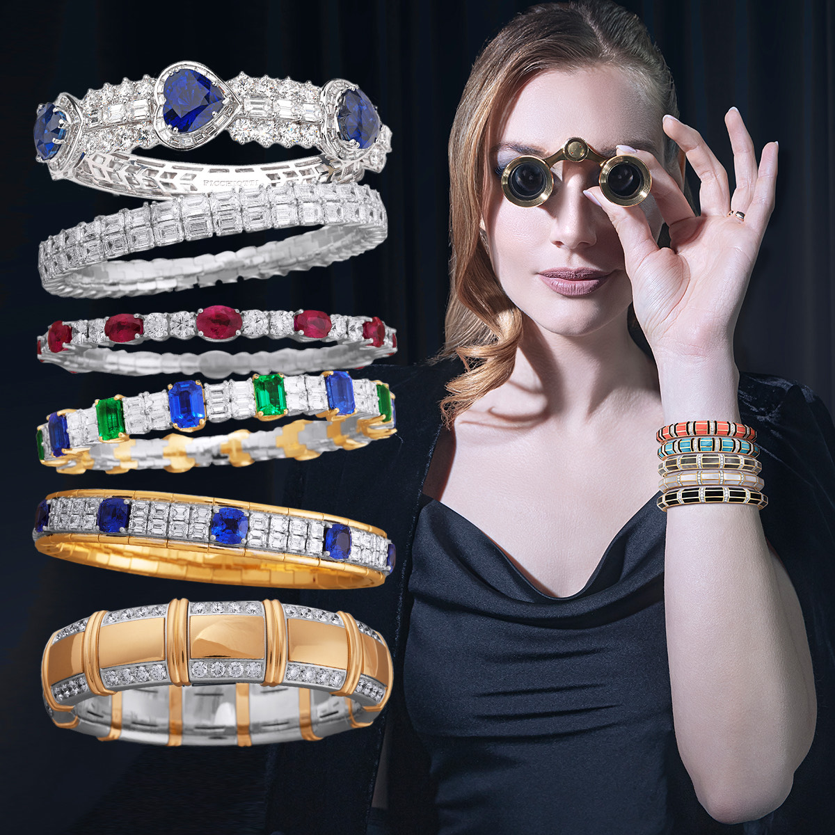 Top to bottom left – PICCHIOTTI Sapphire Heart bracelet, PICCHIOTTI diamond Xpandable two row bracelet, PICCHIOTTI Xpandable Ruby For the Love of Color bracelet, PICCHIOTTI Xpandable Emerald, Sapphire, Diamond For The Love of Color bracelet, PICCHIOTTI Gold Accent Xpandable bracelet, PICCHIOTTI wide Xpandable Gold Accent bracelet; Right – model wearing PICCHIOTTI Xpandable 8158 bracelets – coral, turquoise, dark mother of pearl, light mother of pearl, onyx