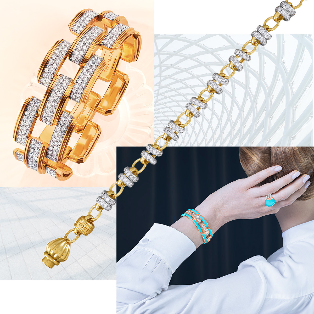 Clockwise from upper left – PICCHIOTTI Xpandable Gold Accent wide link bracelet, PICCHIOTTI Easy Wear gold and diamond link bracelet, PICCHIOTTI Xpandable Turquoise wide link bracelet