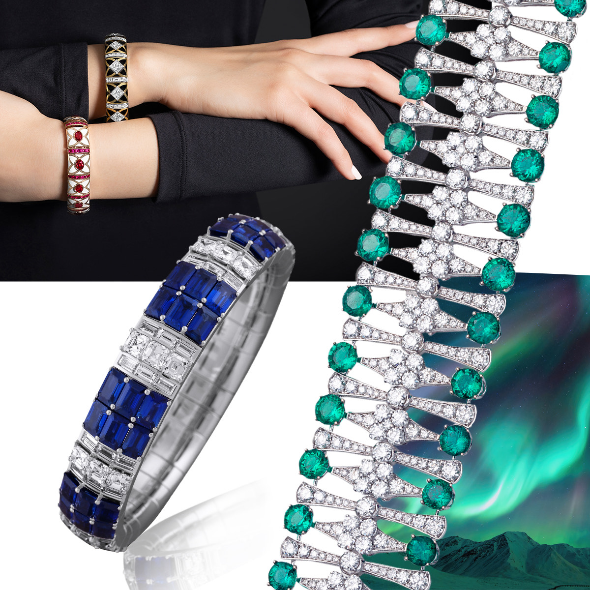 Clockwise from upper left – model wearing PICCHIOTTI Xpandable Gem Ceramic ruby bracelet and PICCHIOTTI Xpandable Gem Ceramic diamond bracelet, PICCHIOTTI Diamond and Emerald bracelet, PICCHIOTTI Xpandable Sapphire and Diamond wide bracelet