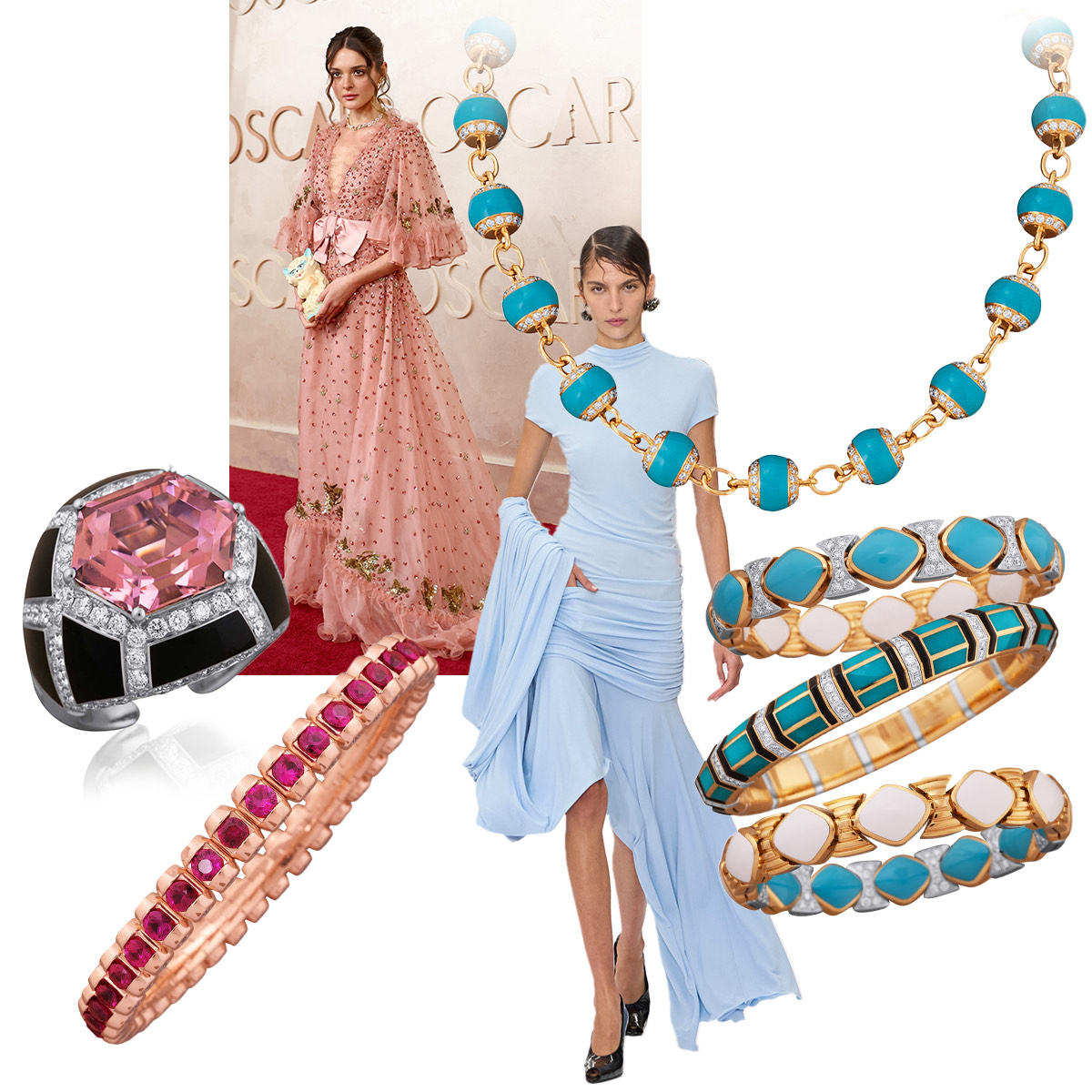 Clockwise from upper right – PICCHIOTTI Turquoise color Gem Ceramic necklace, PICCHIOTTI Turquoise and White Gem Ceramic Reversible bracelet, PICCHIOTTI The 8158 Turquoise, Onyx, and Diamond Xpandable bracelet, Acme Studios S/S 2025 (Spotlight Launchmetrics), PICCHIOTTI Xpandable Ruby Rose Gold bracelet, PICCHIOTTI Pink Tourmaline, Onyx, and diamond Ring, Charlotte Lawrence in Valentino at the 2025 Oscars