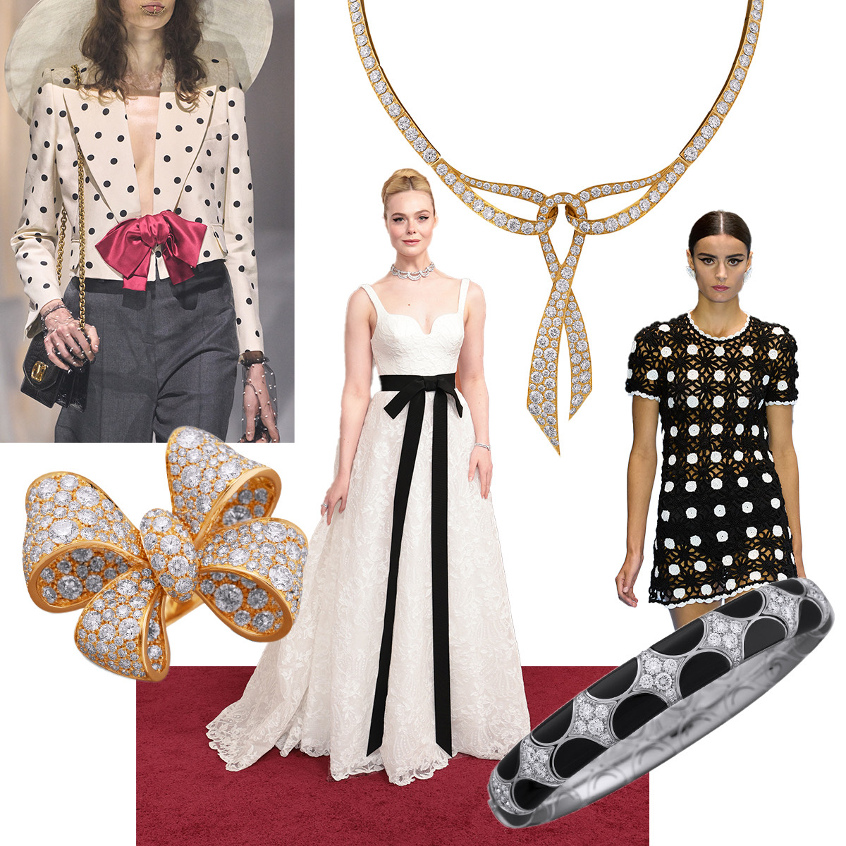 Clockwise from uoper left – Valentino S/S 2025 (Spotlight Launchmetrics), PICCHIOTTI Fiocco (Bow) necklace, Carolina Herrera S/S 2025 (Spotlight Launchmetrics), PICCHIOTTI Onyx and Diamond Xpandable bracelet, Elle Fanning in Givenchy at the Oscars, PICCHIOTTI Fiocco ring