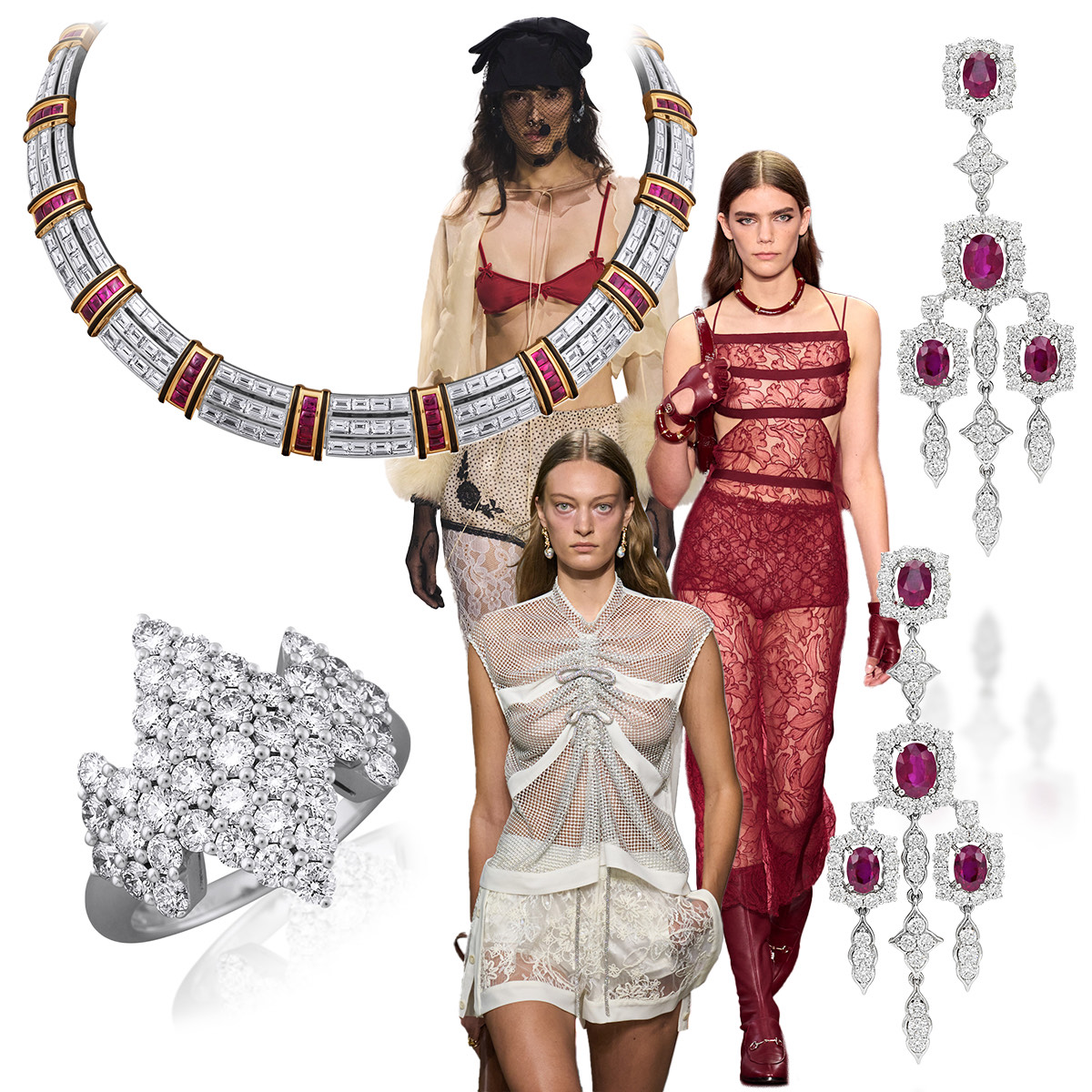 Clockwise from uoper left – "Impeccably PICCHIOTTI" high jewelry necklace, Valentino S/S 2025 (Spotlight Launchmetrics), Gucci S/S 2025 (Spotlight Launchmetrics), PICCHIOTTI Chandelier earrings, 3.1 Phillip Lim S/S 2025 (Spotlight Launchmetrics), PICCHIOTTI Diamond Rhombus ring