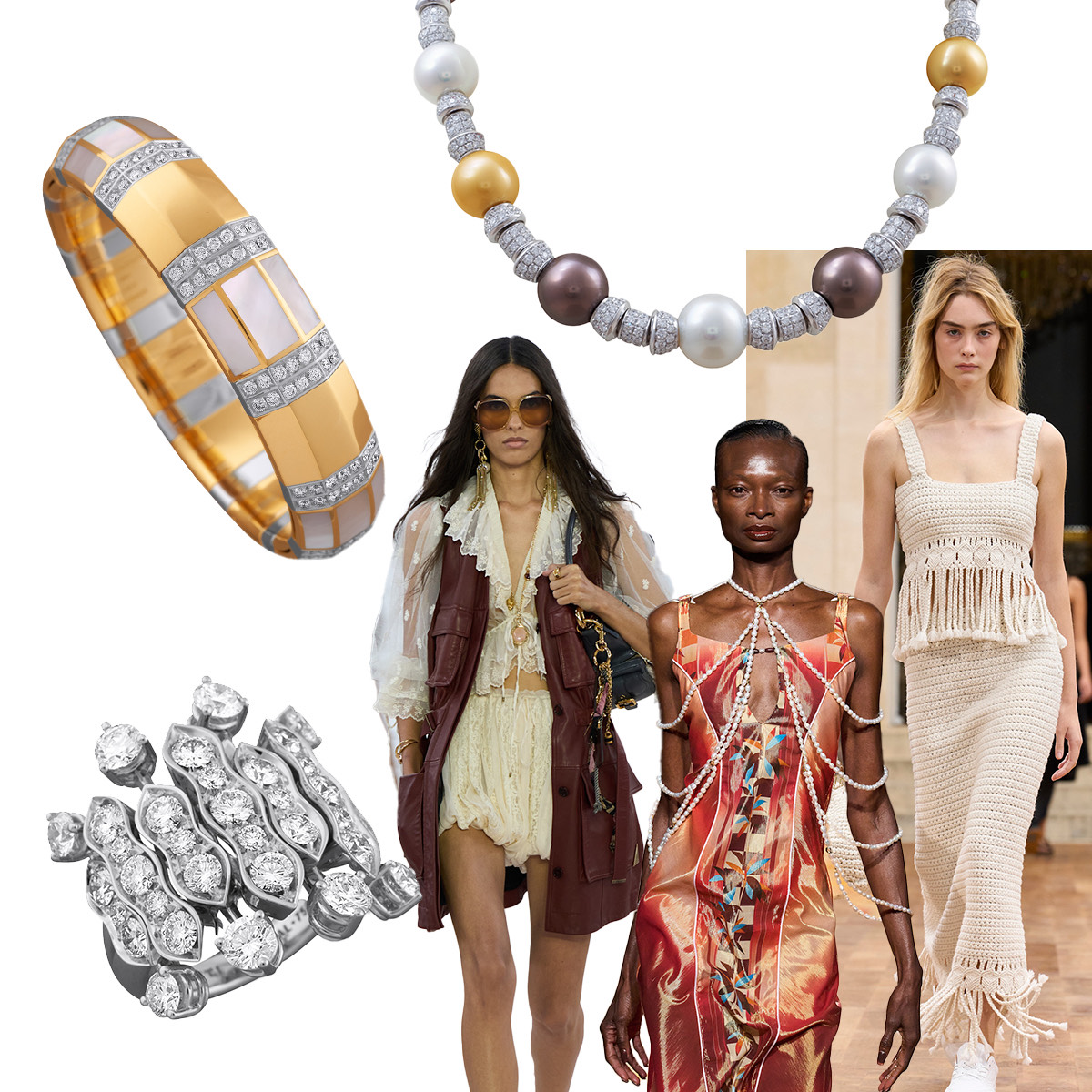 Clockwise from uoper left – PICCHIOTTI Xpandable Gold Accent bracelet, PICCHIOTTI Pearl and Diamond collar necklace, Gabriela Hearst S/S 205 (Spotlight Launchmetrics), Ahluwalia S/S 2025 (Spotlight Launchmetrics), Chloé S/S 2025 (Spotlight Launchmetrics), PICCHIOTTI Waves ring