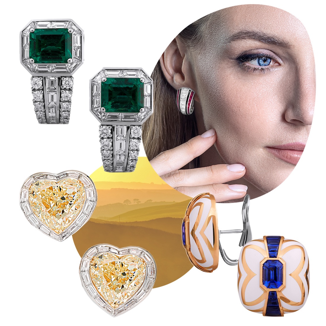 Clockwise from upper left – PICCHIOTTI emerald and diamond button earring, model wearing Impeccably PICCHIOTTI ruby, onyx, and diamond button earrings, PICCHIOTTI Gem Ceramic sapphire button earrings, PICCHIOTTI yellow diamond heart stud earrings