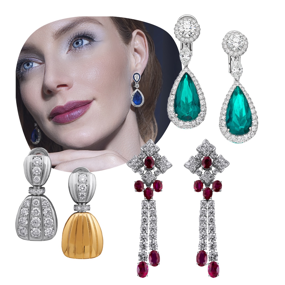 Clockwise from upper left – model wearing PICCHIOTTI Masterpieces sapphire drop earring, PICCHIOTTI emerald drop earrings, PICCHIOTTI ruby and diamond double drop earrings, PICCHIOTTI reversible diamond and gold drop earrings