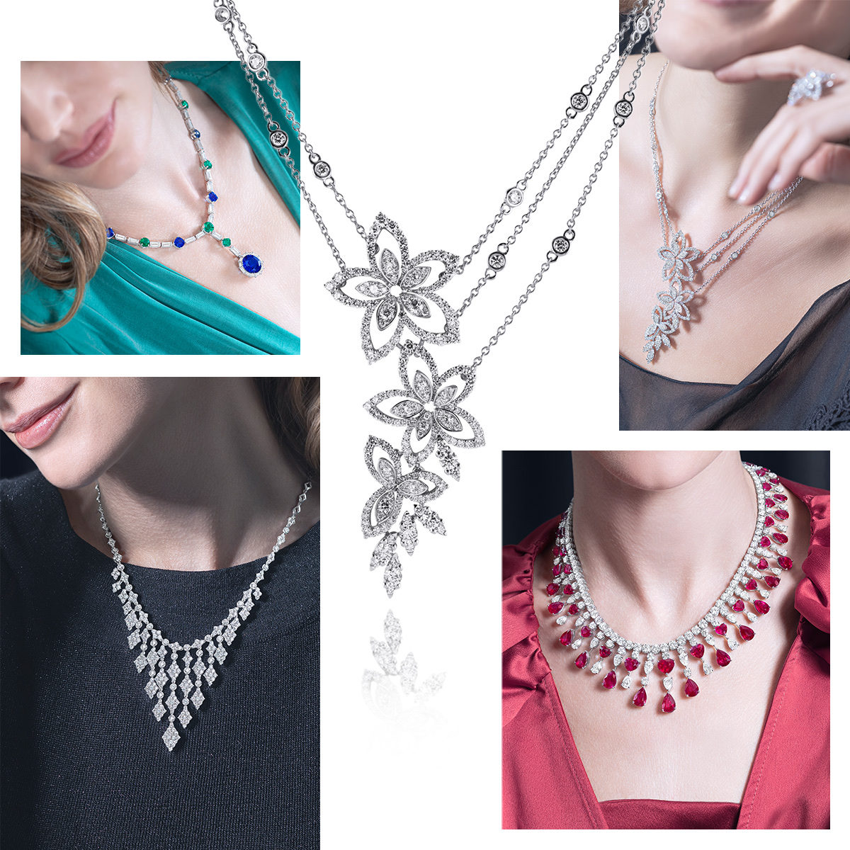 Clockwise from upper left – PICCHIOTTI Masterpieces sapphire and emerald versatile necklace with removable pendant that converts to a ring, PICCHIOTTI multistrand Flower necklace, model wearing PICCHIOTTI multistrand Flower necklace, PICCHIOTTI Ruby Masterpiece necklace, PICCHIOTTI Diamond Rhombus bib necklace 