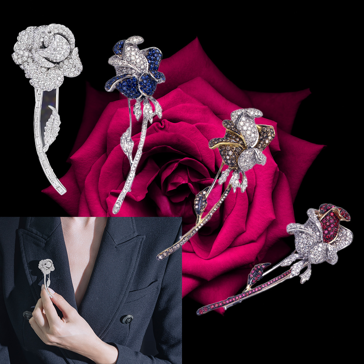 PICCHIOTTI Iconic Rose Brooch, PICCHIOTTI Sapphire and Diamond Rosebud brooch, PICCHIOTTI Brown and White Diamond Rosebud brooch, PICCHIOTTI Ruby and Diamond Rosebud brooch, Model holds PICCHIOTTI Iconic Rose Brooch