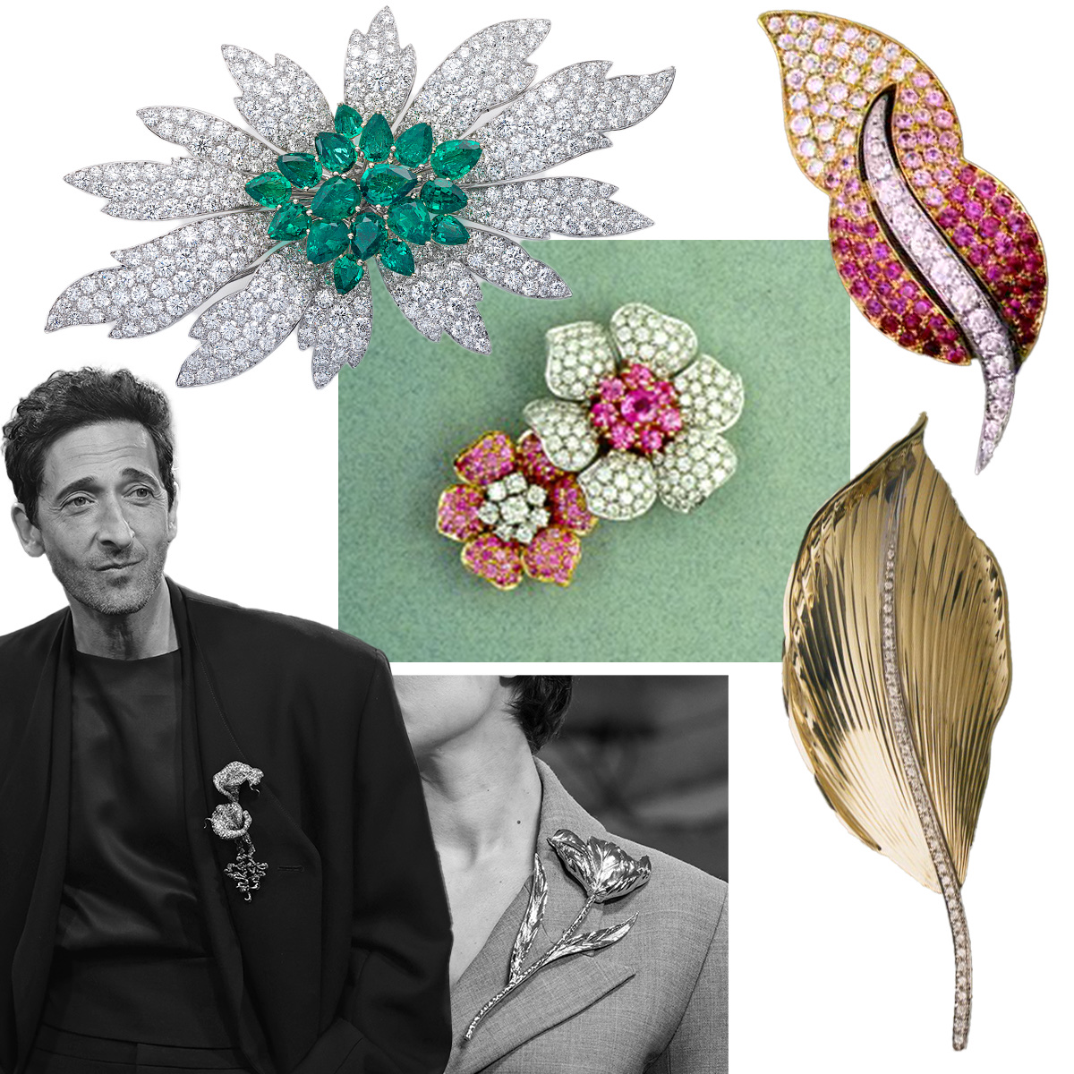 PICCHIOTTI floral diamond brooch with emerald center, PICCHIOTTI pink sapphire and diamond leaf brooch, PICCHIOTTI gold and diamond leaf brooch, Carolina Herrera Fall 25 (Spotlight Launchmetrics), Adrian Brody at Met Gala (Spotlight Launchmetrics), PICCHIOTTI double floral brooch in white diamonds and pink sapphires