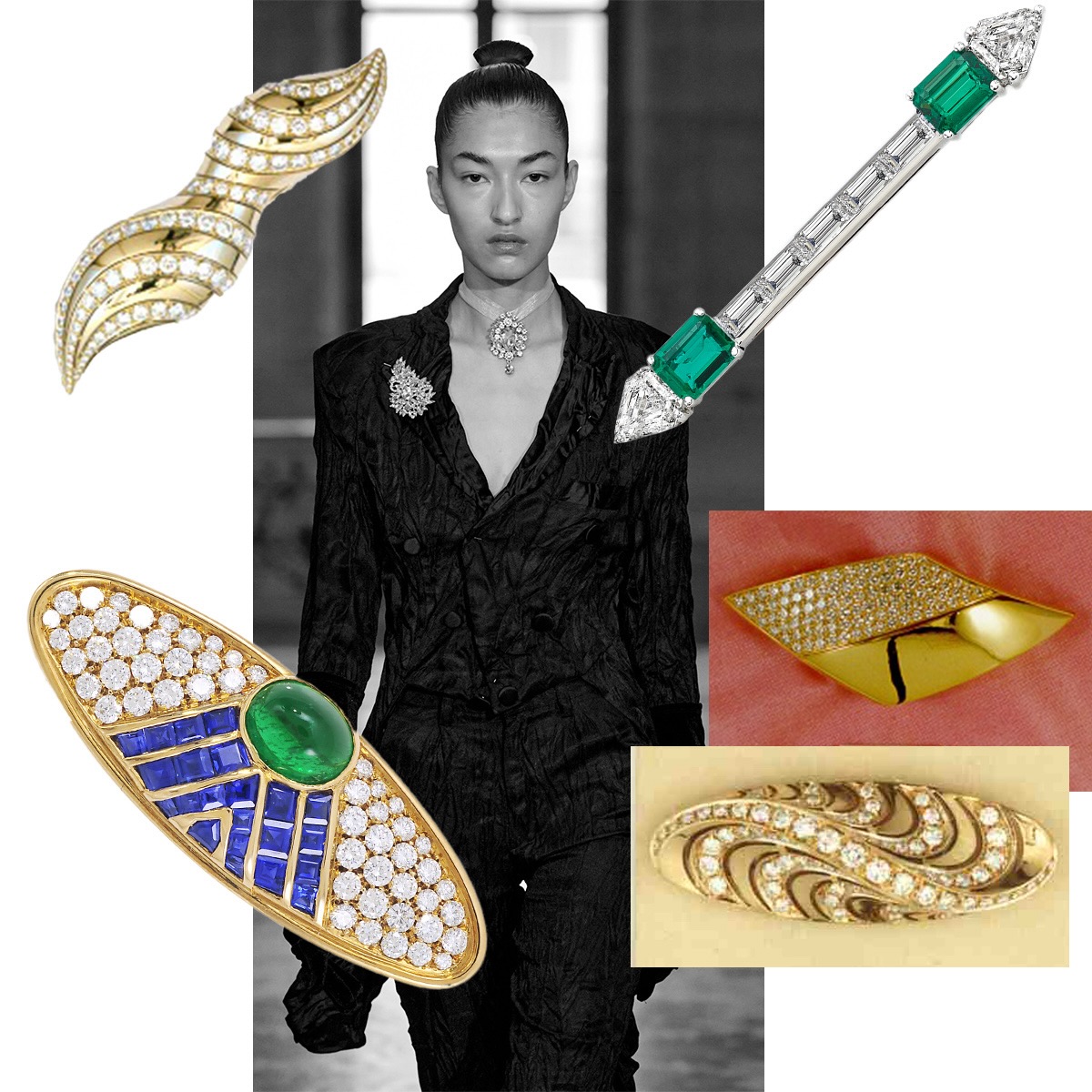 PICCHIOTTI spiral gold and diamond brooch, Dullaert Haute Couture Fall 25 (Spotlight Launchmetrics), PICCHIOTTI diamond and emerald stick pin, PICCHIOTTI gold and diamond trapezoid brooch, PICCHIOTTI oval diamond and gold brooch, PICCHIOTTI oval sapphire, emerald, and diamond brooch
