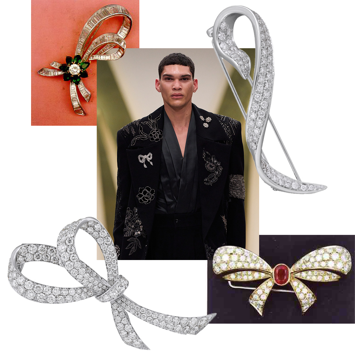 PICCHIOTIT diamond bow with emerald floret, Malhotra Haute Couture Fall 25 (Spotlight Launchmetrics), PICCHIOTTI Ribbon brooch, PICCHIOTTI bow brooch with ruby center, PICCHIOTTI Fiocco brooch and diamond necklace enhancer
