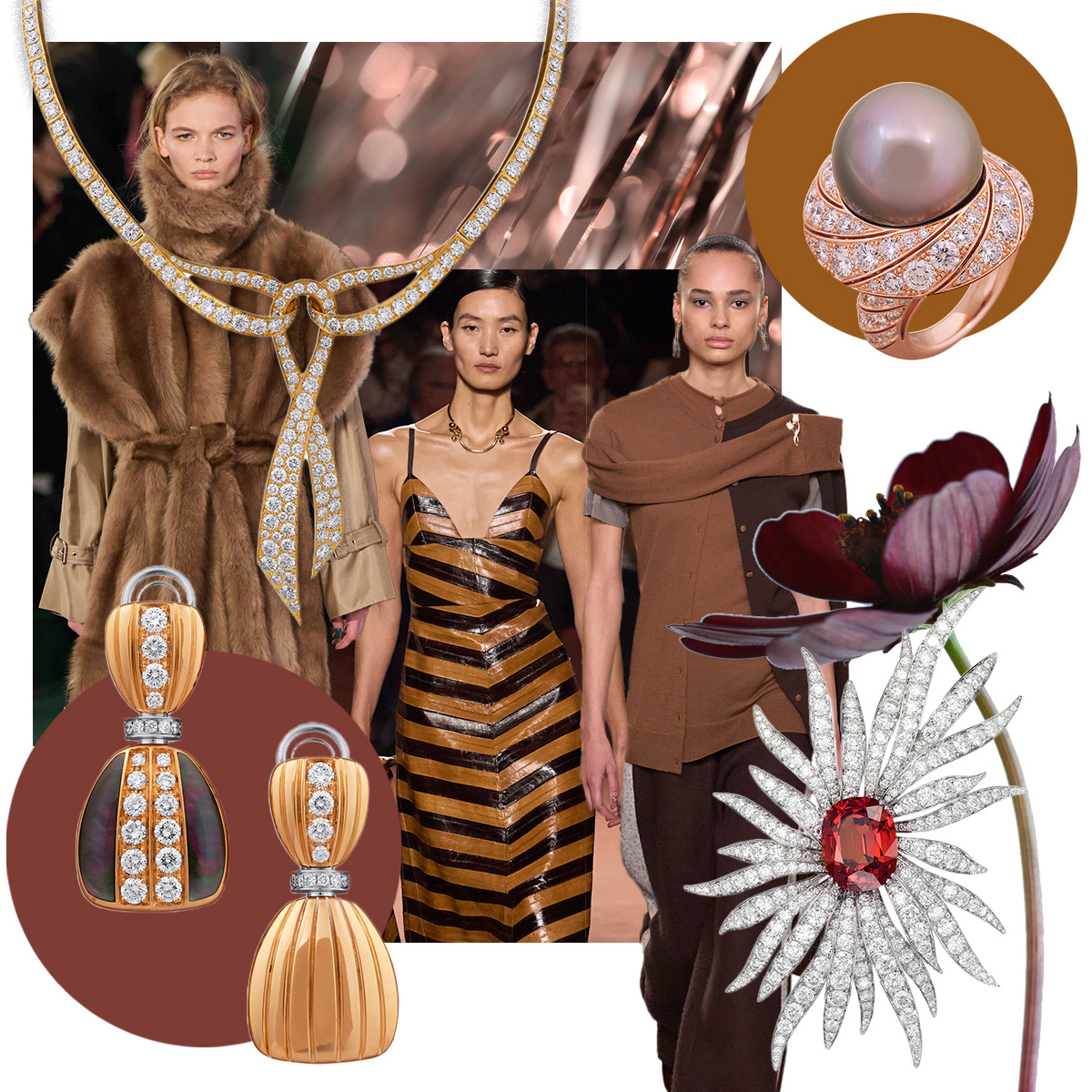PICCHIOTTI Fiocco (bow) necklace, Gucci F/W 25-26 (Spotlight Launchmetrics), PICCHIOTTI Tahitian pearl and diamond Essentially Color ring, Tory Burch F/W 25-26 (Spotlight Launchmetrics), PICCHIOTTI floral brooch, Fendi F/W 25-26 (Spotlight Launchmetrics, PICCHIOTTI Reversible Xpandable earrings