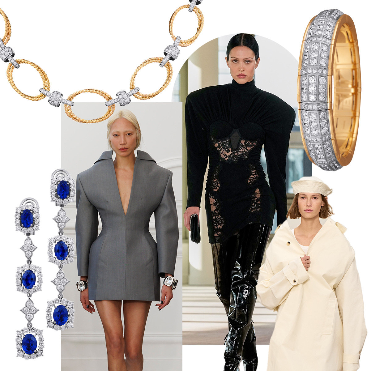 PICCHIOTTI Easy Wear open link gold chain necklace with diamonds, Stella McCartney F/W 25-26 (Spotlight Launchmetrics), PICCHIOTTI diamond Xpandable bracelet, Calvin Klein F/W 25-26 (Spotlight Launchmetrics), Givenchy F/W 25-26 (Spotlight Launchmetrics), PICCHIOTTI chandelier diamond and sapphire earrings