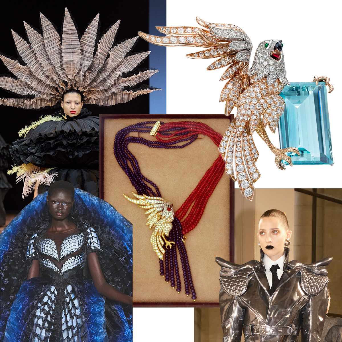Clockwise from upper left – Viktor & Rolf, PICCHIOTTI’s Essentially Color Eagle and Aqua brooch, Schiaparelli, PICCHIOTTI Winged Eagle Ruby and Sapphire bead necklace, Iris Van Herpen – all fashion images are Haute Couture F/W 2025-26 from Spotlight Launchmetrics