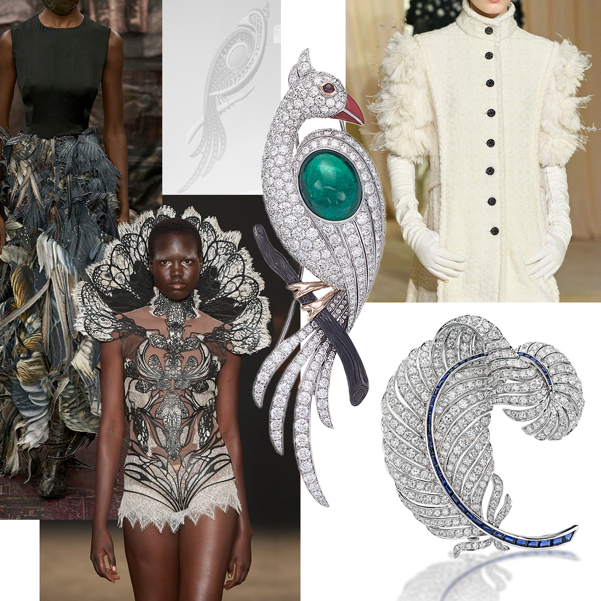 Clockwise from upper left – Maison Margiela, CAD design sketch for PICCHIOTTI peacock brooch, PICCHIOTTI Perched Peacock brooch, Chanel, PICCHIOTTI feather brooch, Iris Van Herpen – all fashion images are Haute Couture F/W 2025-26 from Spotlight Launchmetrics