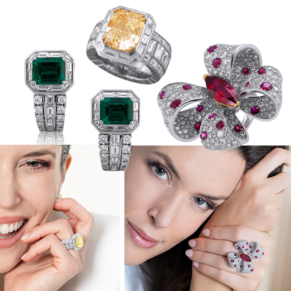 PICCHIOTTI Masterpieces Emerald earrings, PICCHIOTTI Xpandable Yellow Diamond cocktail ring, PICCHIOTTI Masterpieces Fiocco Ruby ring, model wearing PICCHIOTTI Masterpieces Fiocco Ruby ring, model wearing PICCHIOTTI Xpandable Yellow Diamond cocktail ring