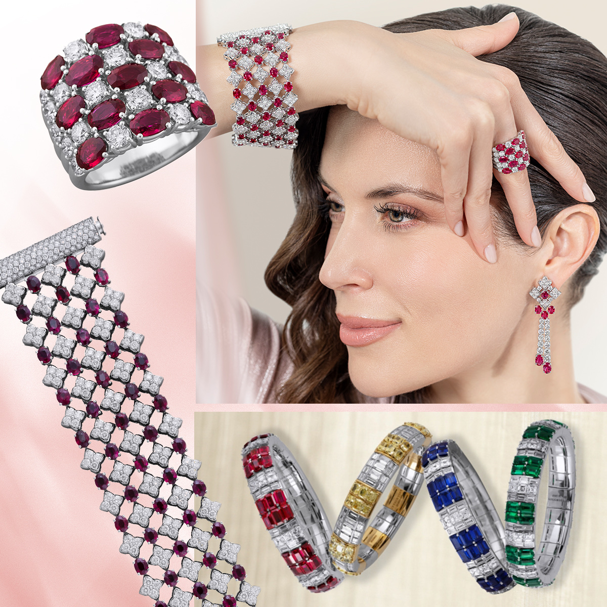 PICCHIOTTI Masterpieces Emerald earrings, PICCHIOTTI Xpandable Yellow Diamond cocktail ring, PICCHIOTTI Masterpieces Fiocco Ruby ring, model wearing PICCHIOTTI Masterpieces Fiocco Ruby ring, model wearing PICCHIOTTI Xpandable Yellow Diamond cocktail ring