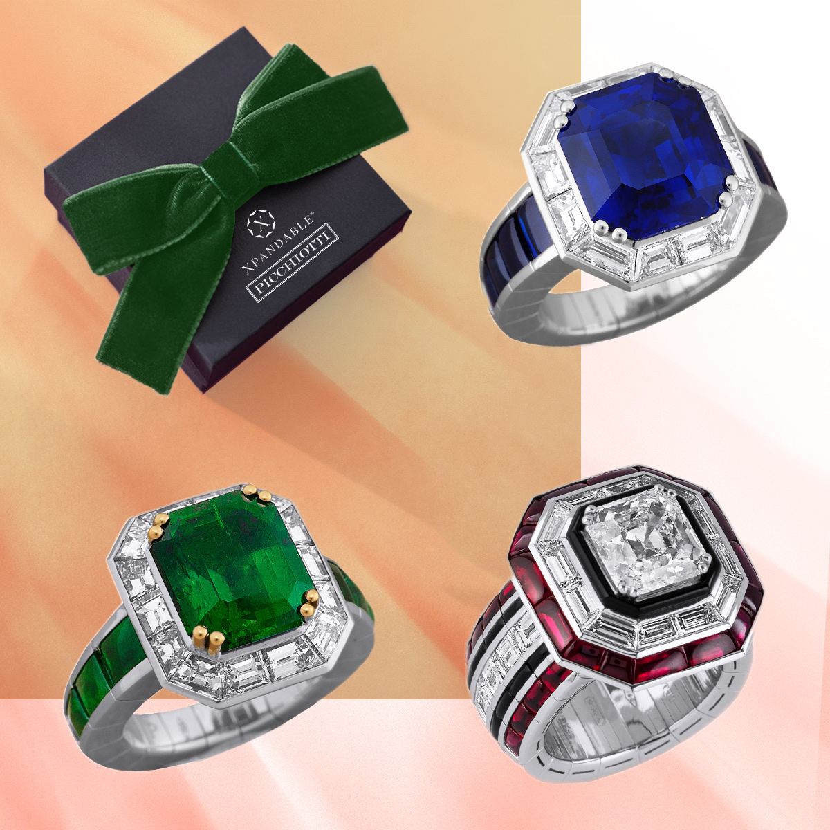 Clockwise from upper right – PICCHIOTTI Xpandable Sapphire cocktail ring, PICCHIOTTI Xpandable Ruby, Onyx and Diamond cocktail ring, Xpandable Emerald cocktail ring