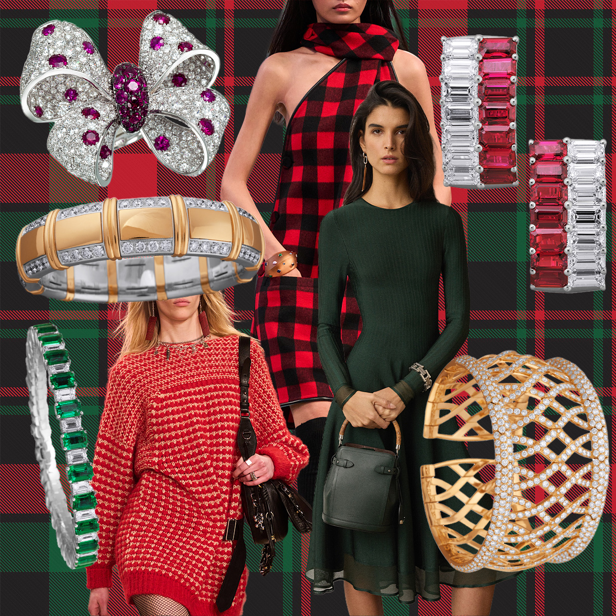 Clockwise from upper left – PICCHIOTTI Fiocco (bow) ruby and diamond ring, Louis Vuitton F/W 2025-26 (Spotlight Launchmetrics), PICCHIOTTI ruby and diamond earrings, PICCHIOTTI Fiocco (bow/ribbon) cuff bracelet, Ralph Lauren PreFall 2025 (Spotlight Launchmetrics), Isabel Marant F/W 2025-26 (Spotlight Launchmetrics), PICCHIOTTI Xpandable emerald and diamond bracelet, PICCHIOTTI Xpandable Gold Accent bracelet 