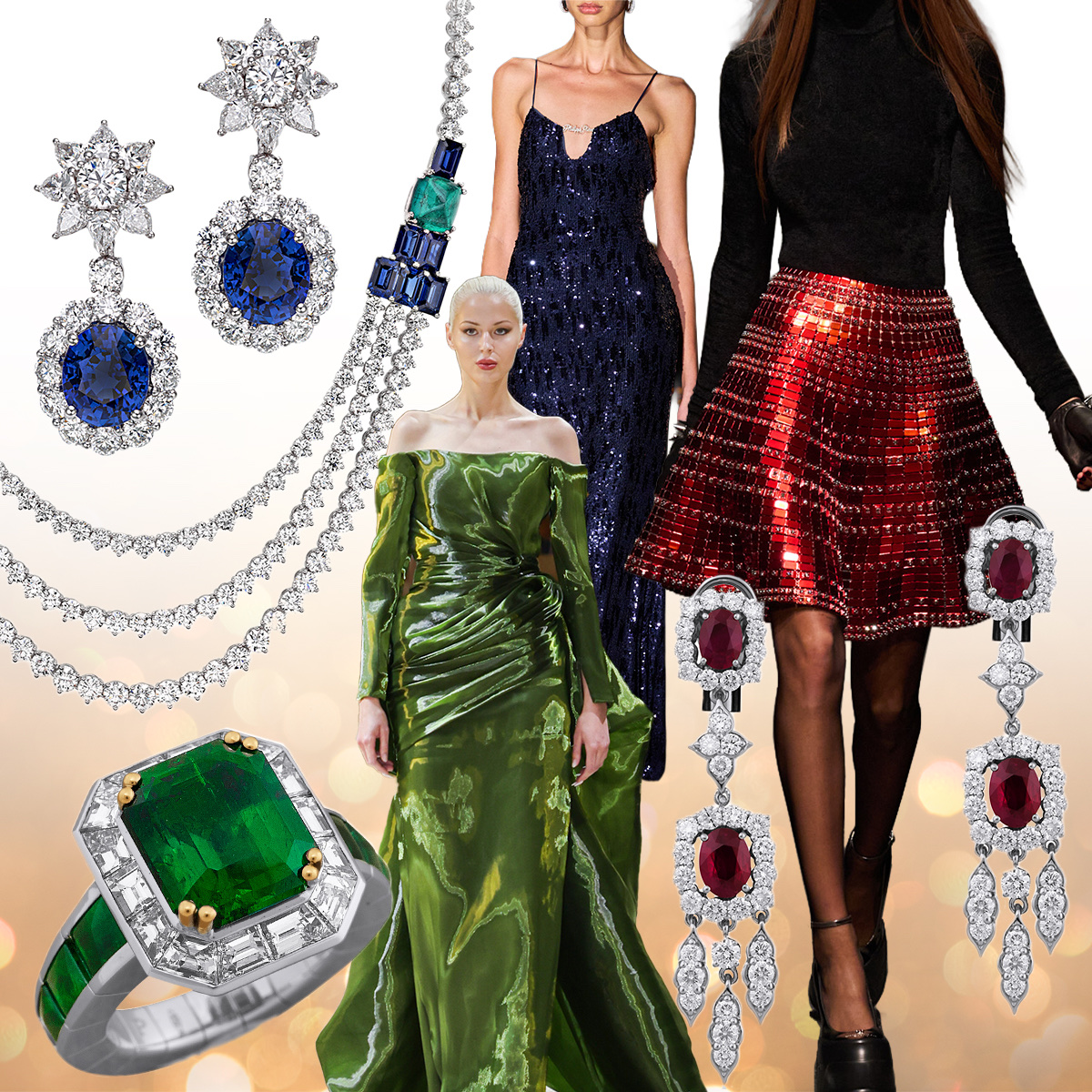 Clockwise from upper left – PICCHIOTTI Masterpieces sapphire earrings, PICCHIOTTI Masterpieces sapphire, emerald, and diamond necklace, Philipp Plein F/W 2025-26 (Spotlight Launchmetrics), Versace F/W 2025-26 (Spotlight Launchmetrics), PICCHIOTTI ruby chandelier earrings, Robert Abi Nader F/W 2025-26 (Spotlight Launchmetrics), PICCHIOTTI Xpandable emerald cocktail ring 