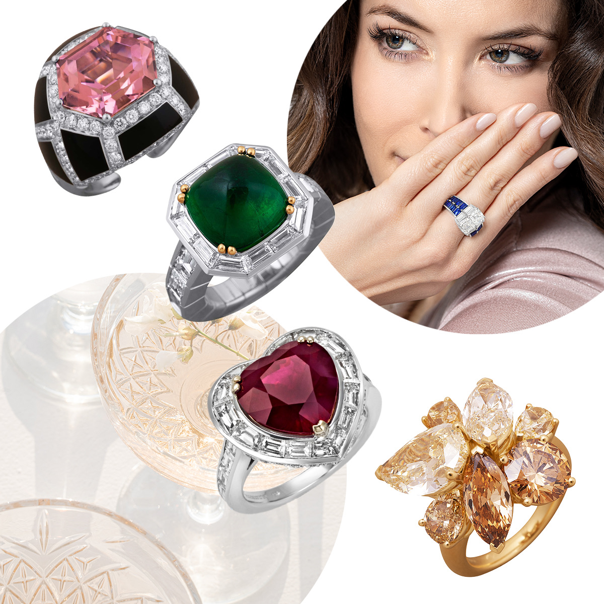Clockwise from upper left – PICCHIOTTI pink tourmaline, black gem ceramic, and diamond cocktail ring, PICCHIOTTI Xpandable Signature Style cocktail ring, PICCHIOTTI multi-color diamond cocktail ring, PICCHIOTTI heart ruby cocktail ring, PICCHIOTTI Xpandable sugar loaf emerald cocktail ring