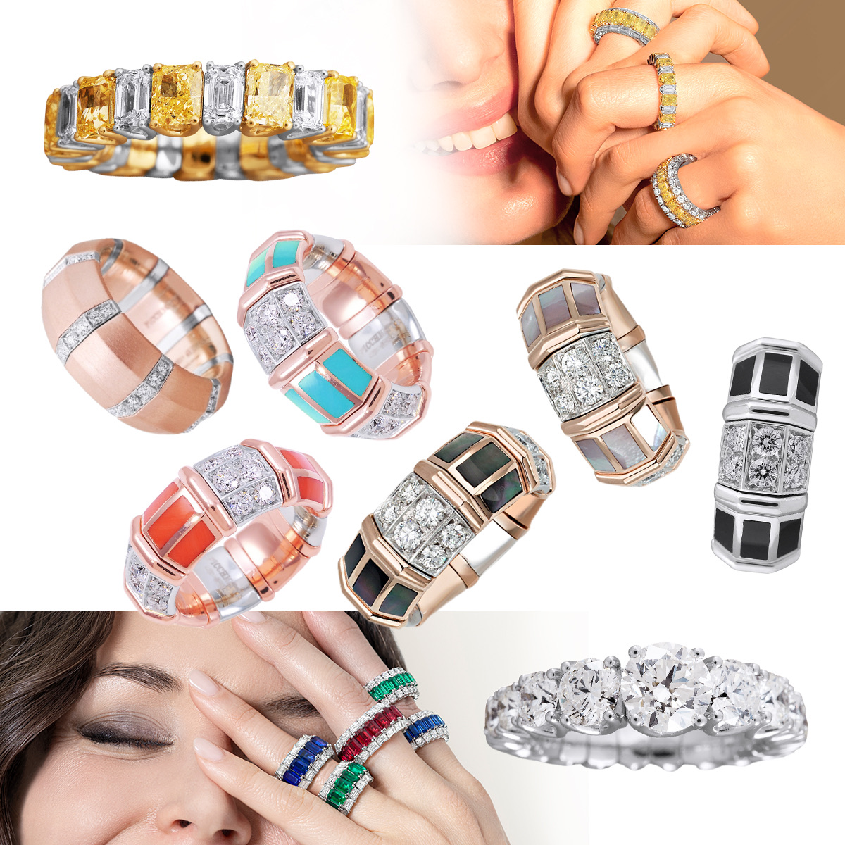 PICCHIOTTI Xpandable fancy yellow and white diamond eternity band, model wearing a variety of styles of Xpandable fancy yellow diamond eternity bands, center left to right (top row) – PICCHIOTTI Gold Accent rose gold band, PICCHIOTTI 8158 in turquoise and diamonds, PICCHIOTTI 8158 in mother of pearl and diamonds, PICCHIOTTI 8158 onyx and diamond band, (bottom row) – PICCHIOTTI coral and diamonds 8158 band, PICCHIOTTI 8158 dark mother of pearl and diamond band; PICCHIOTTI graduated round diamond eternity band, model wearing various ruby, emerald, sapphire and diamond eternity bands