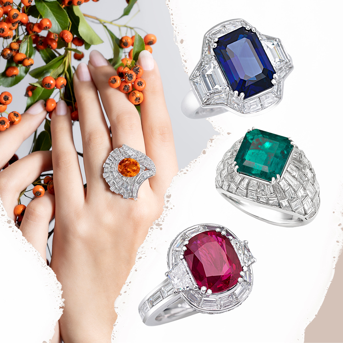 PICCHIOTTI Masterpieces sapphire and diamond three stone ring, PICCHIOTTI emerald Masterpieces ring, PICCHIOTTI ruby and diamond Masterpieces ring, PICCHIOTTI Masterpieces “Fan” ring