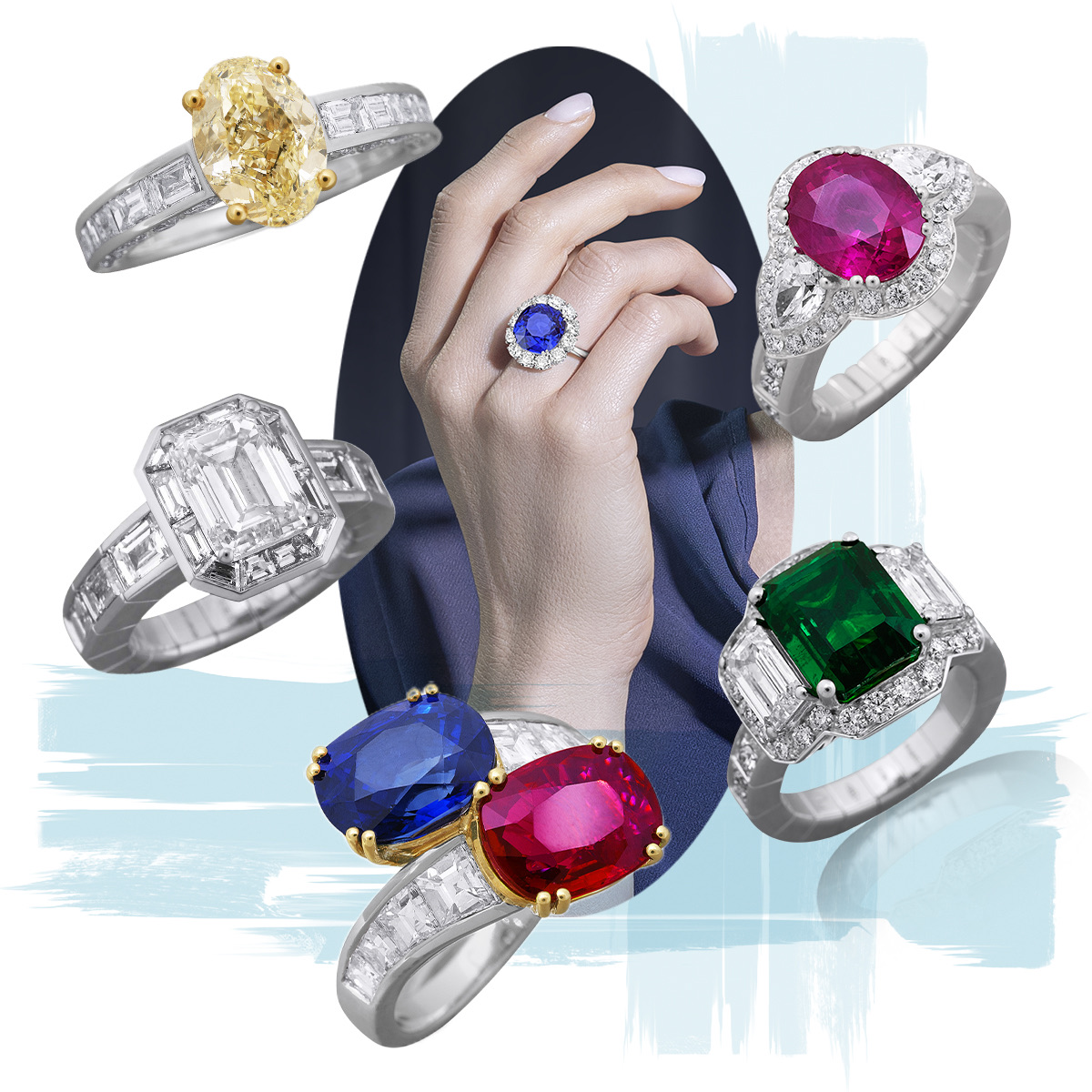 PICCHIOTTI Xpandable engagement ring featuring an oval fancy yellow diamond center, model wearing a PICCHIOTTI round sapphire ring hallowed by diamonds, PICCHIOTTI Xpandable ruby and diamond engagement ring, PICCHIOTTI Xpandable emerald and diamond 3 stone ring, PICCHIOTTI Toi et Moi ring with ruby and sapphire, PICCHIOTTI Xpandable diamond engagement ring