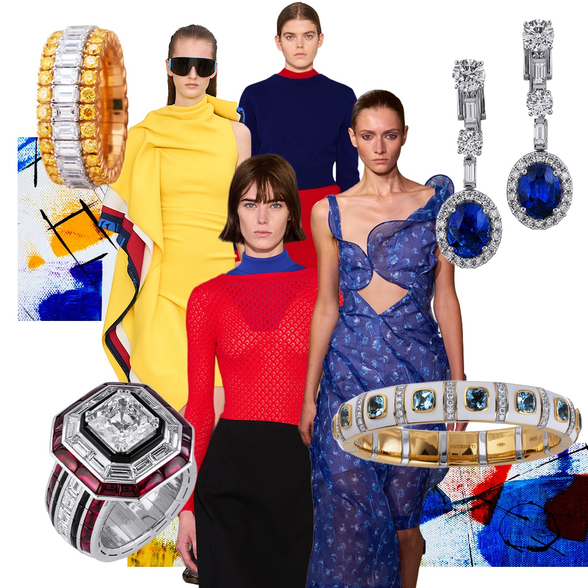 PICCHIOTTI Xpandable yellow ring featuring emerald-cut diamonds and fancy yellow diamonds, Loewe (S/S 2026 Spotlight Launchmetrics), Jil Sander (S/S 2026 Spotlight Launchmetrics), Victoria Beckham (S/S 2026 Spotlight Launchmetrics), PICCHIOTTI Masterpieces Sapphire earrings, PICCHIOTTI Essentially Color Xpandable bracelet with aquamarine, diamonds, and white gem ceramic, Jil Sander (S/S 2026 Spotlight Launchmetrics), PICCHIOTTI Xpandable cocktail ring in ruby, diamonds, and onyx