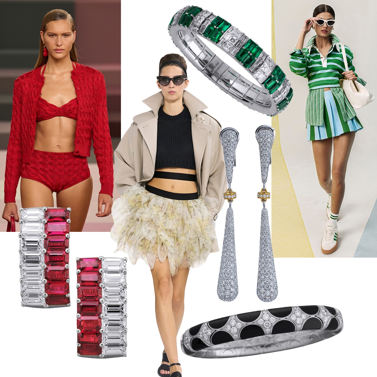 Clockwise from upper left – Fendi (S/S 2026 Spotlight Launchmetrics) , PICCHIOTTI Xpandable Signature Style Emerald bracelet, Alice + Olivia by Stacey Bendet (S/S 2026 Spotlight Launchmetrics), PICCHIOTTI Diamond Elongated Drop earrings, PICCHIOTTI Xpandable Polka Dot Onyx bracelet, Max Mara (S/S Spotlight Launchmetrics), PICCHIOTTI Ruby and Diamond earrings