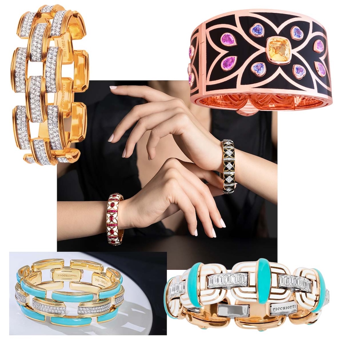 PICCHIOTTI Xpandable gold and diamond cuff, PICCHIOTTI gem ceramic colorful sapphire cuff bracelet, model wearing PICCHIOTTI black gem ceramic Xpandable bracelet and white gem ceramic and ruby bracelet, PICCHIOTTI turquoise and white gem ceramic cuff, PICCHIOTTI turquoise and diamond cuff