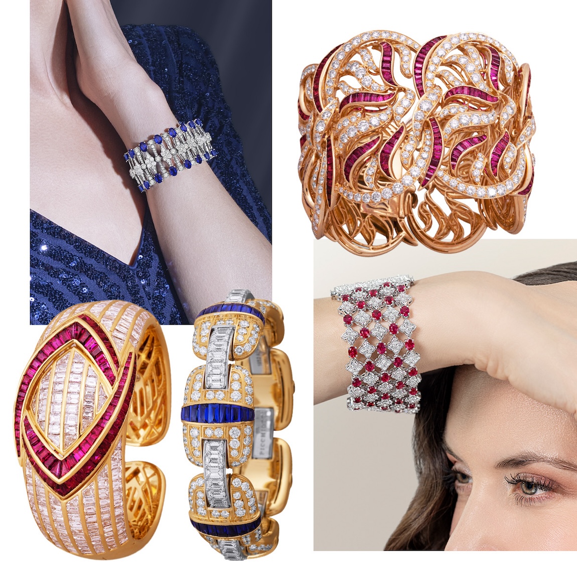 Clockwise from upper left – PICCHIOTTI Masterpieces Sapphire bracelet, PICCHIOTTI Ruby and Diamond Ribbons bracelet, PICCHIOTTI Ruby Lace bracelet, PICCHIOTTI Xpandable Sapphire and Diamonds bracelet, PICCHIOTTI Masterpieces Sapphire cuff