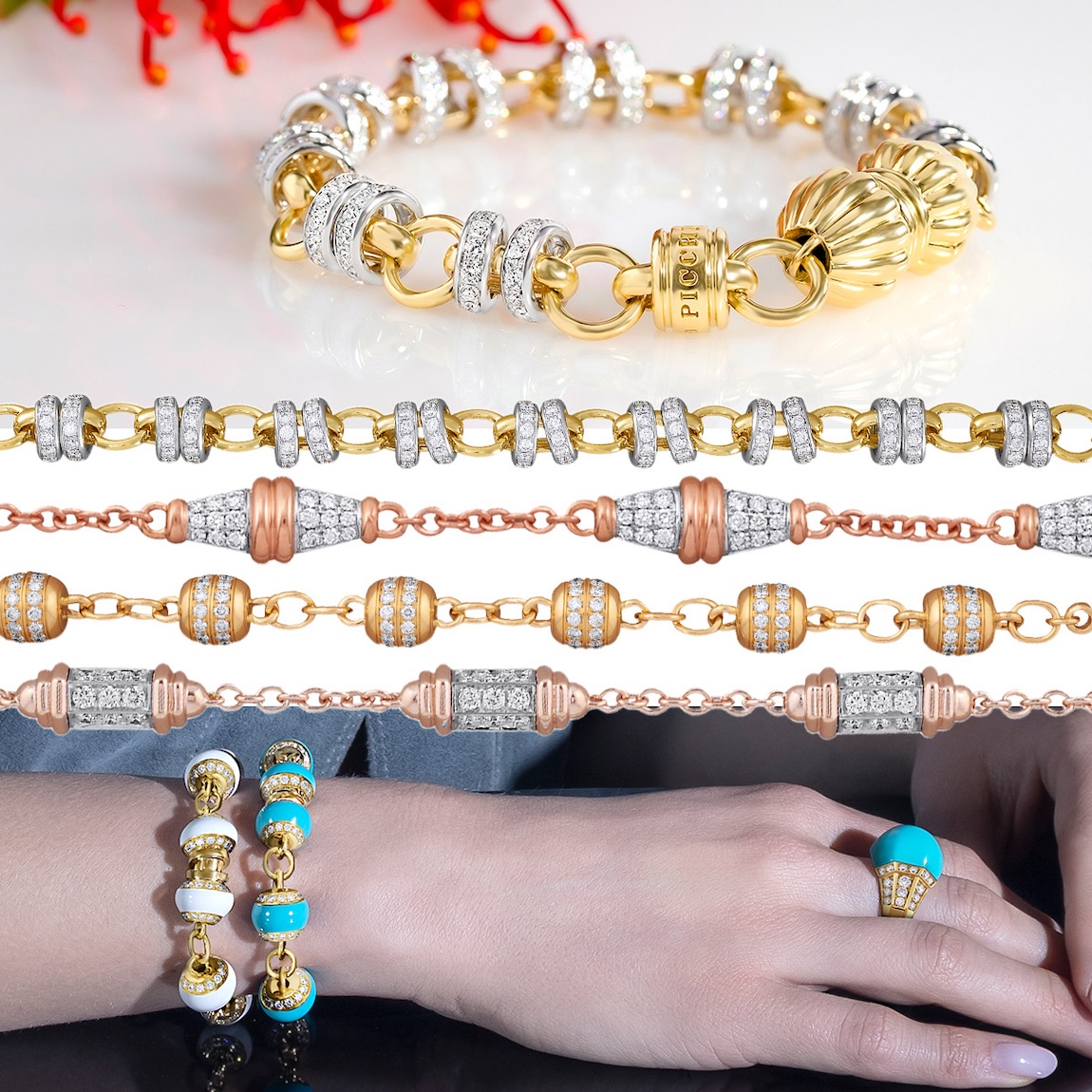 Top to bottom – PICCHIOTTI Easy Wear Diamond Rondels bracelet, PICCHIOTTI Rose Gold Diamond Easy Wear bracelet, PICCHIOTTI Gold and Diamond station chain bracelet, PICCHIOTTI Easy Wear Diamond station rose gold bracelet, model wearing PICCHIOTTI Gem Ceramic turquoise bracelet and white ceramic bracelet